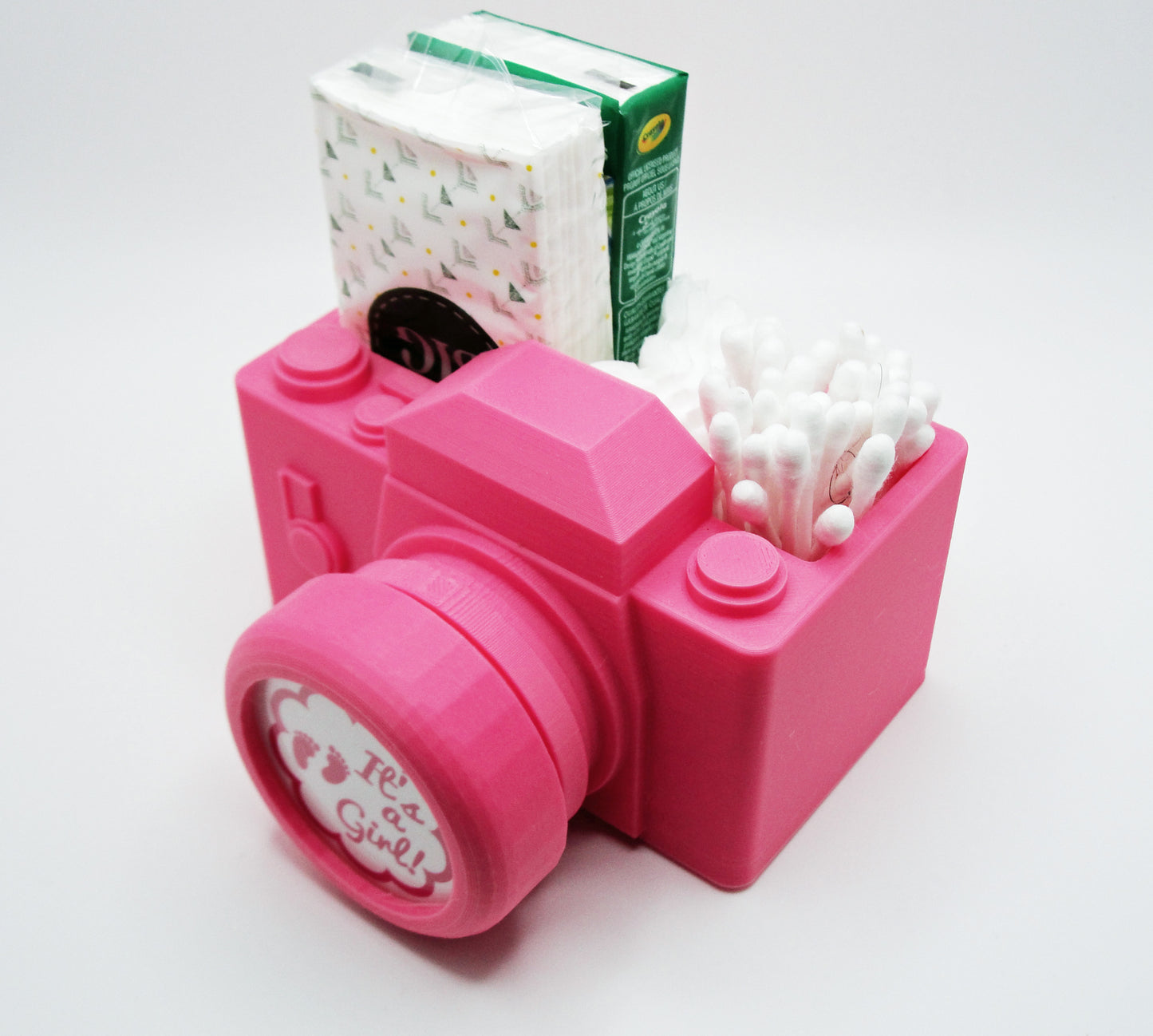 A unique planter and round photo frame combination in the shape of a pink camera.