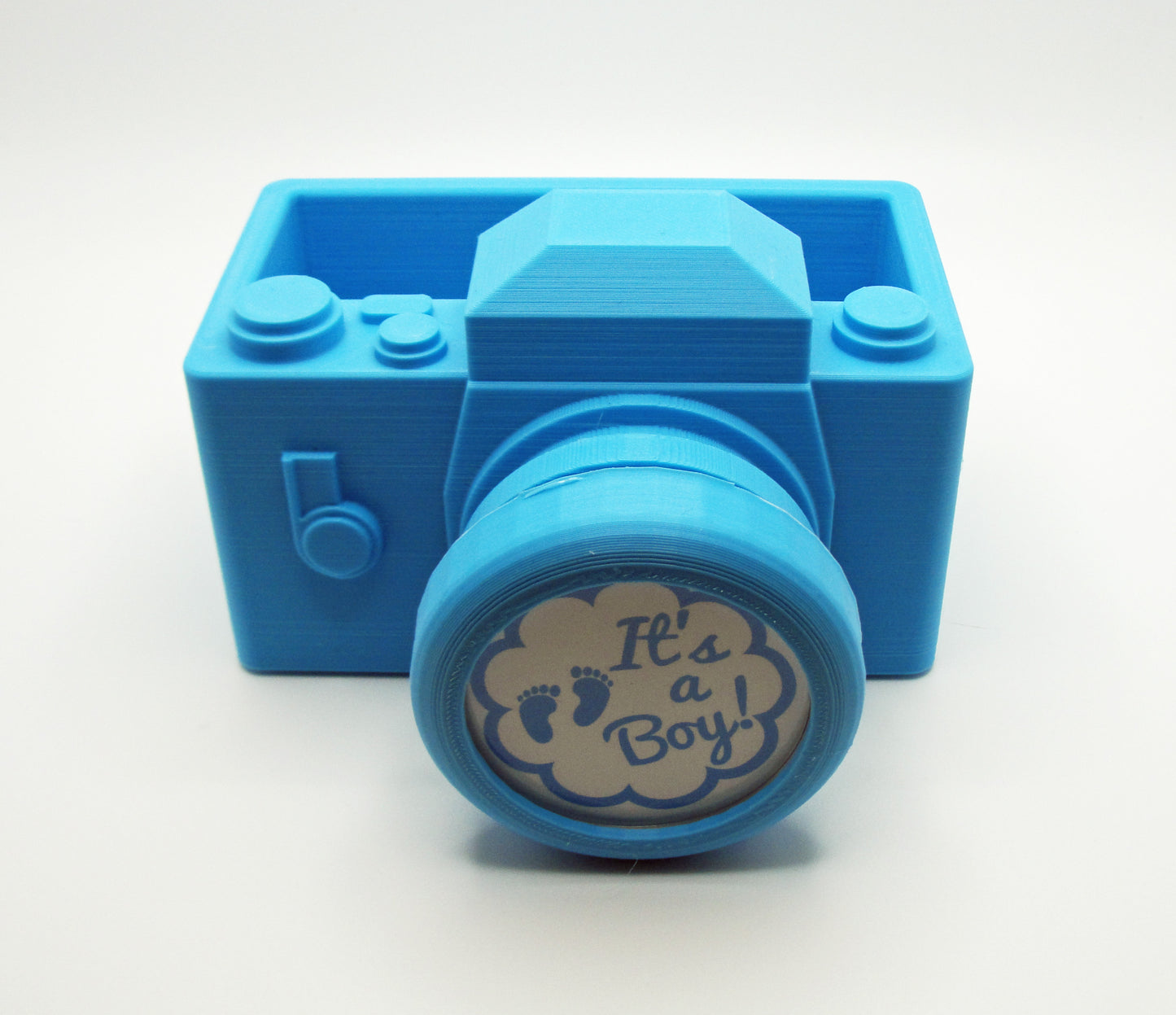 A unique planter and round photo frame combination in the shape of a blue camera.