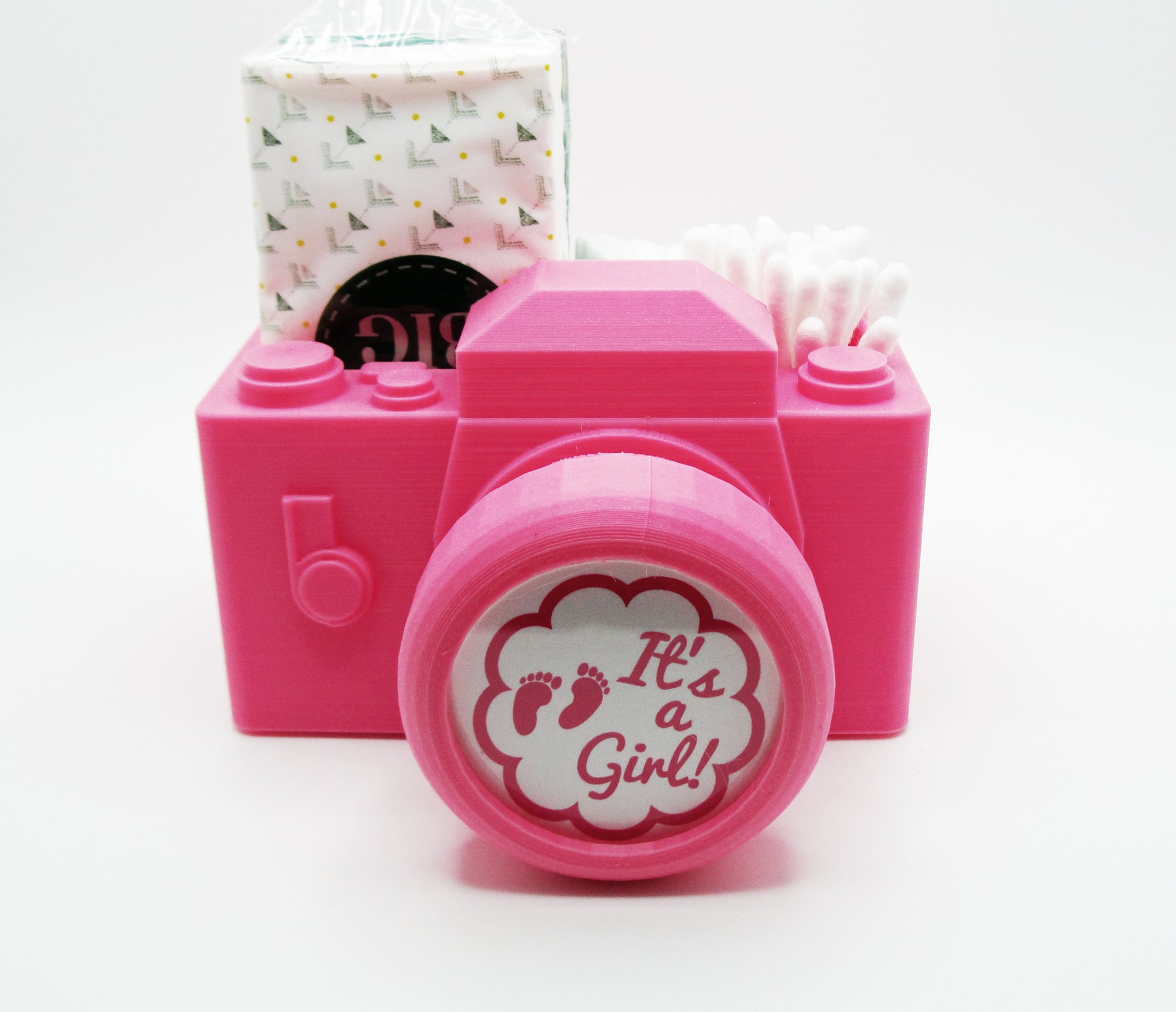 A unique planter and round photo frame combination in the shape of a pink camera.